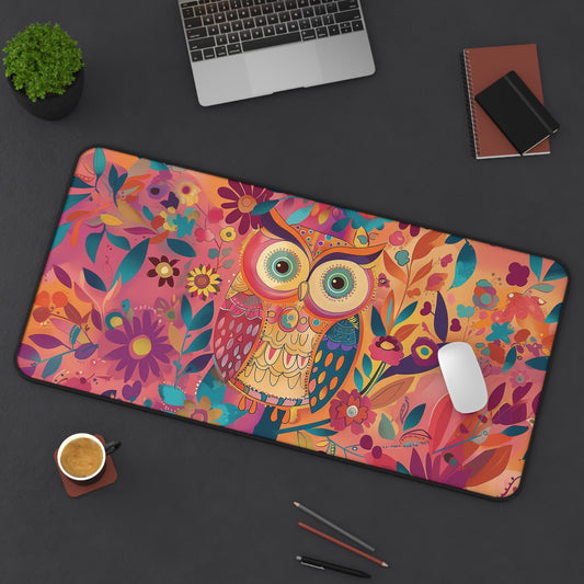 Boho Owl Desk Mat | Colorful Neoprene | Anti-Slip | 3 Sizes | Vibrant Office Decor