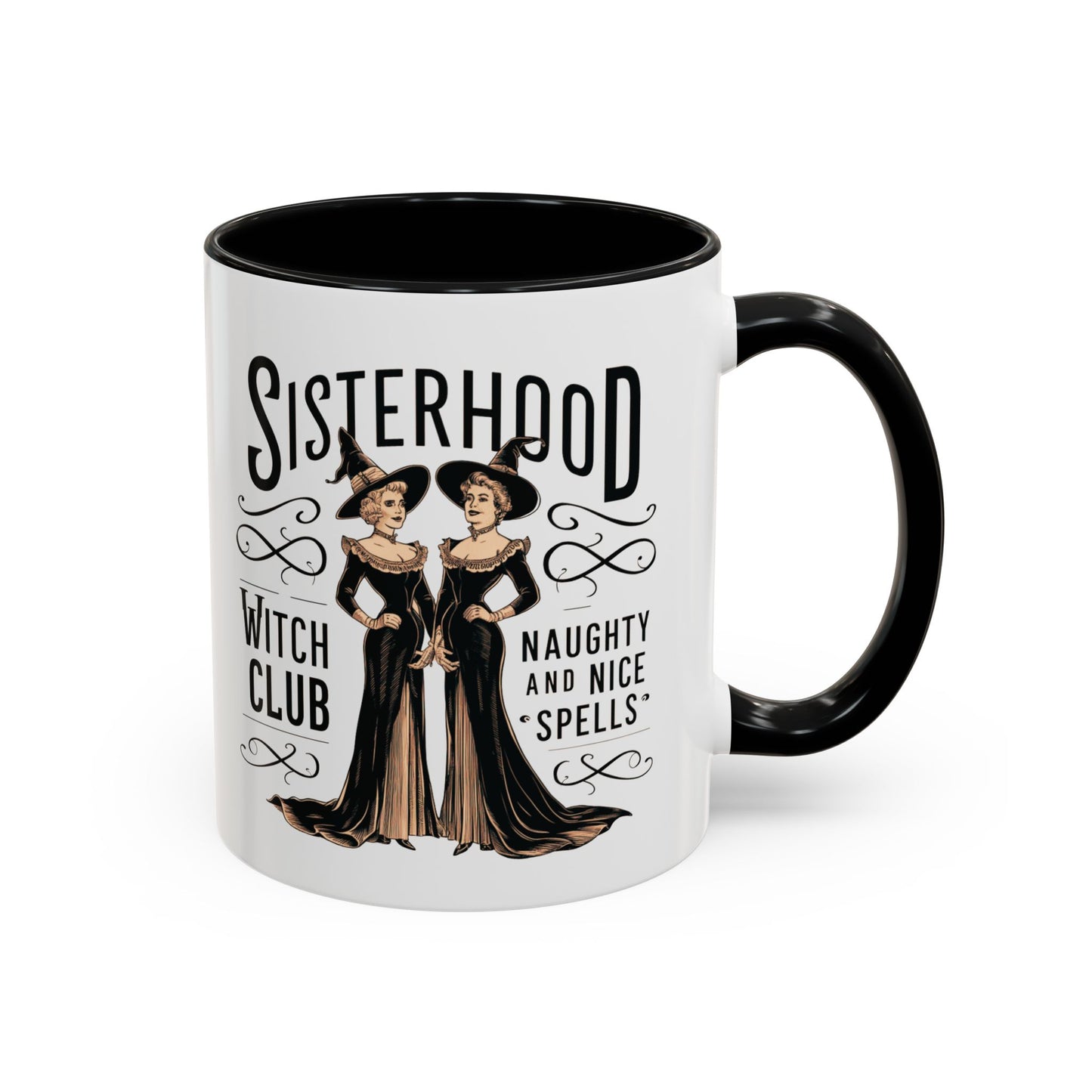 Sisterhood Witch Club Mug | Vintage Witch Design | Halloween Coffee Mug | Naughty & Nice Spells | Witchy Drinkware