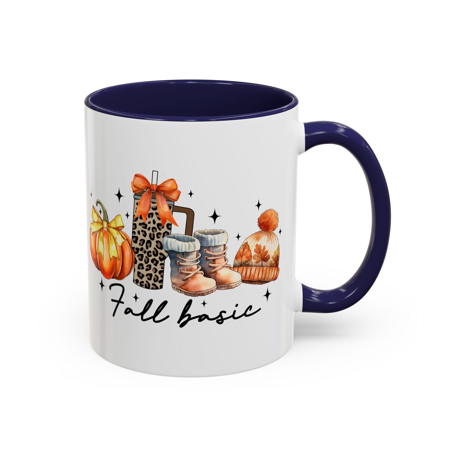 Fall Basic Autumn Mug | 11oz/15oz Ceramic Coffee Cup | Cozy Fall Essentials Design | Pink, Red, Black, Light Blue, or Navy Handle & Interior