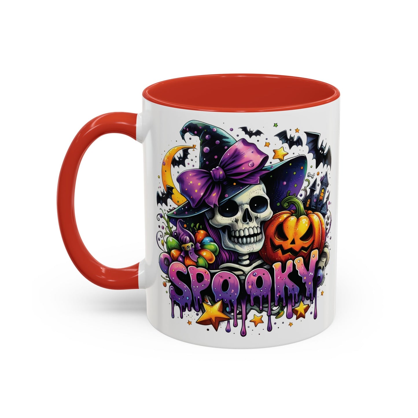 Spooky Halloween Skull Mug | Colorful Witch Hat and Pumpkin Design | 11oz and 15oz Ceramic Coffee Cup