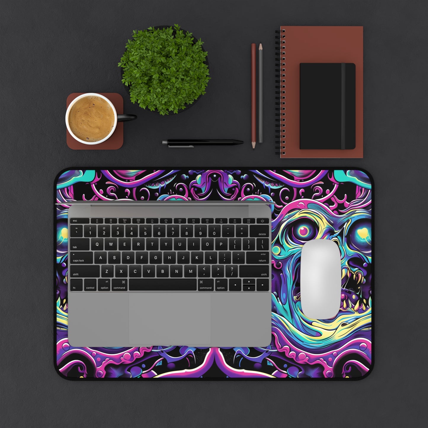 Psychedelic Skull Art Desk Mat - Customizable Neoprene Anti-Slip Mouse Pad - Vibrant Office Decor - Available in 3 Sizes