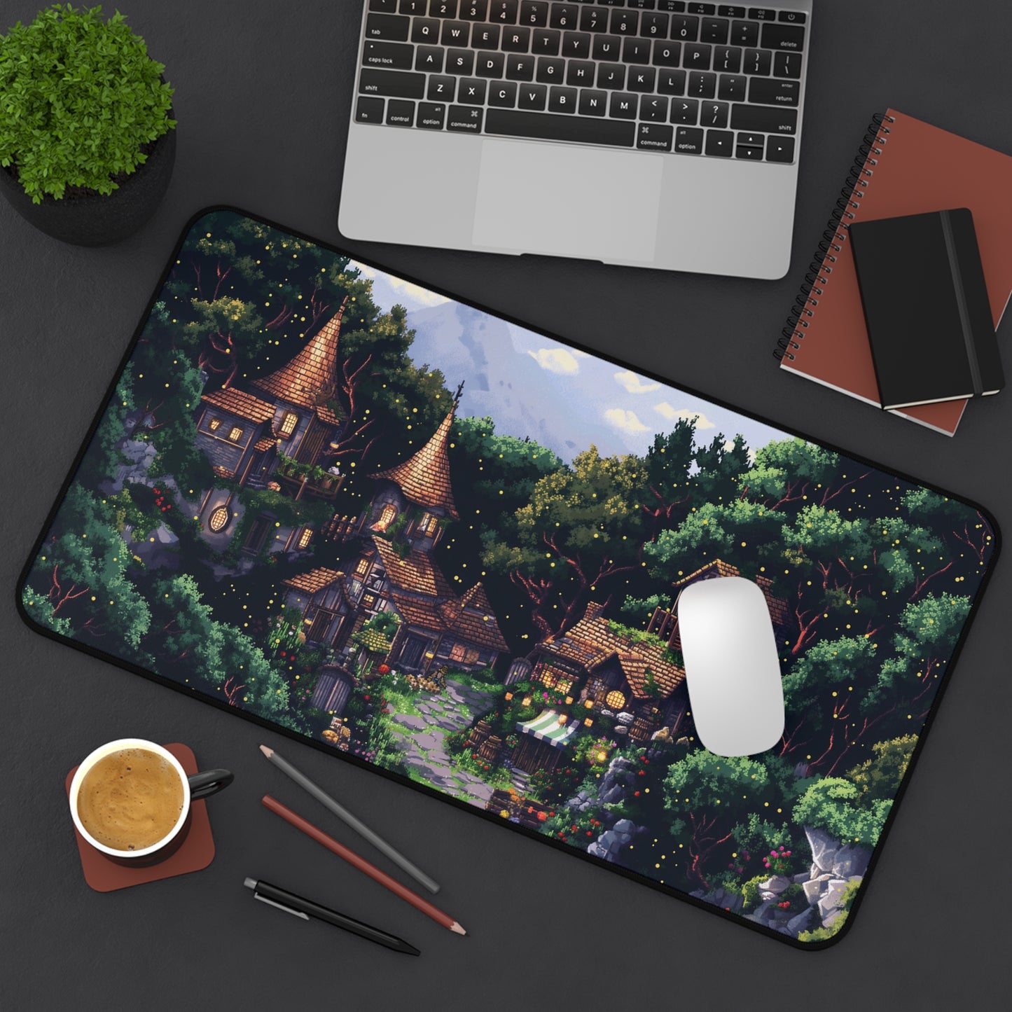 Fairy Tale Village Computer Desk Mat | Enchanted Forest Mouse Pad | Anti-Slip Neoprene Desk Mat for Home Office | 3 Sizes Available