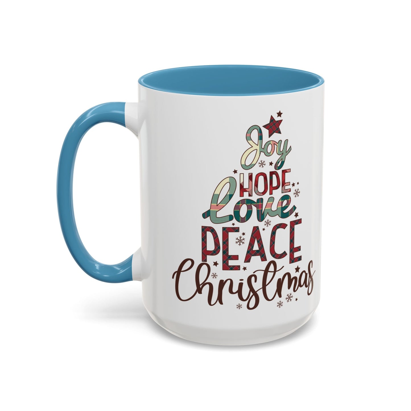 Joy Hope Love Peace Christmas Mug | Festive Holiday Plaid Design | Christmas Tree Word Art Coffee Mug