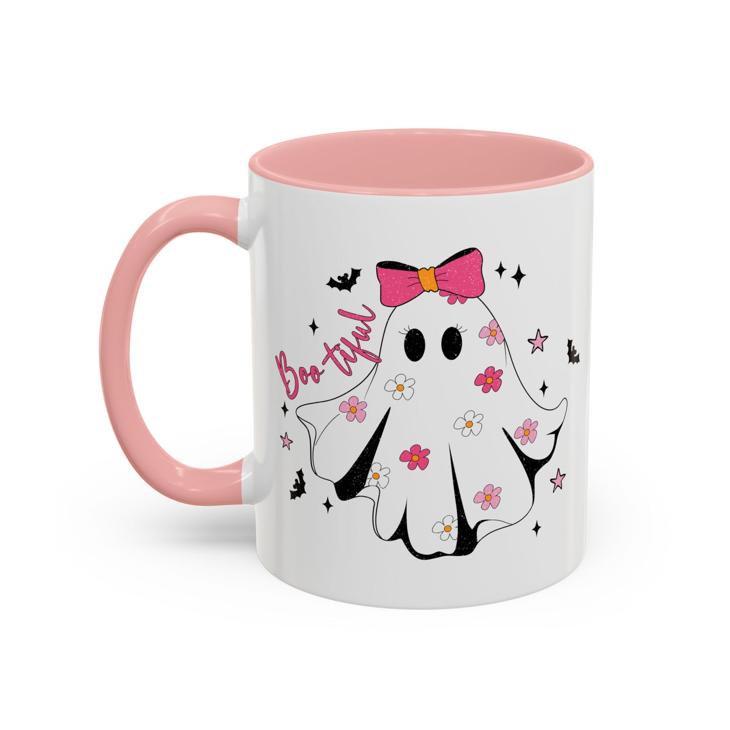 Boo-tiful Halloween Ghost Mug | 11oz and 15oz Coffee Cup | Cute Floral Design | Pink, Red, Black, Light Blue, or Navy Handle and Interior