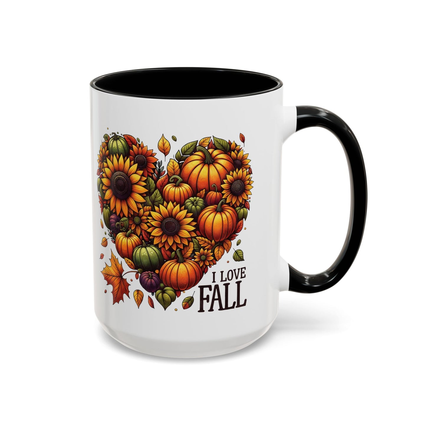 I Love Fall Autumn Mug | 11oz and 15oz Ceramic Coffee Cup | Sunflower and Pumpkin Heart Design