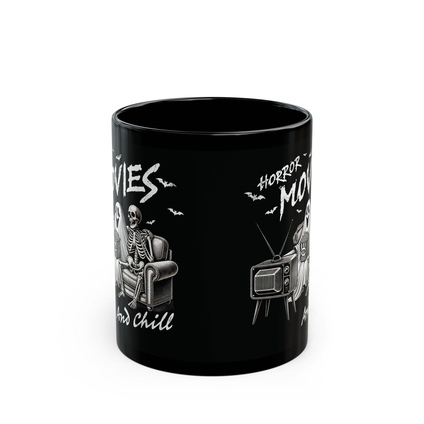 Horror Movies and Chill Halloween Mug | 11oz and 15oz Ceramic Coffee Cup | Spooky Skeleton and Ghost Design