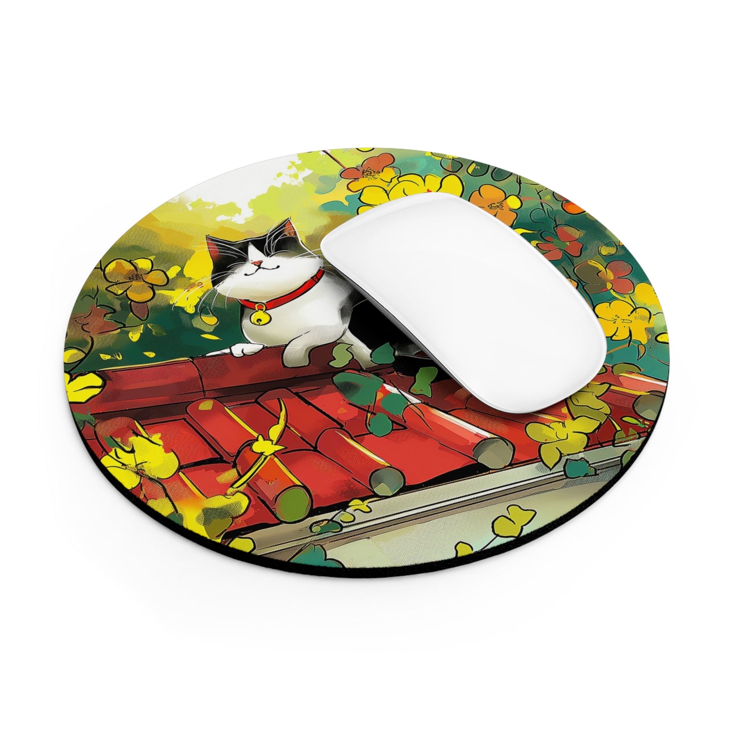 Happy Cat on a Rooftop Design Personalized Mouse Pad - Custom Round or Rectangle Neoprene Mousepad with Non-Slip Rubber Bottom