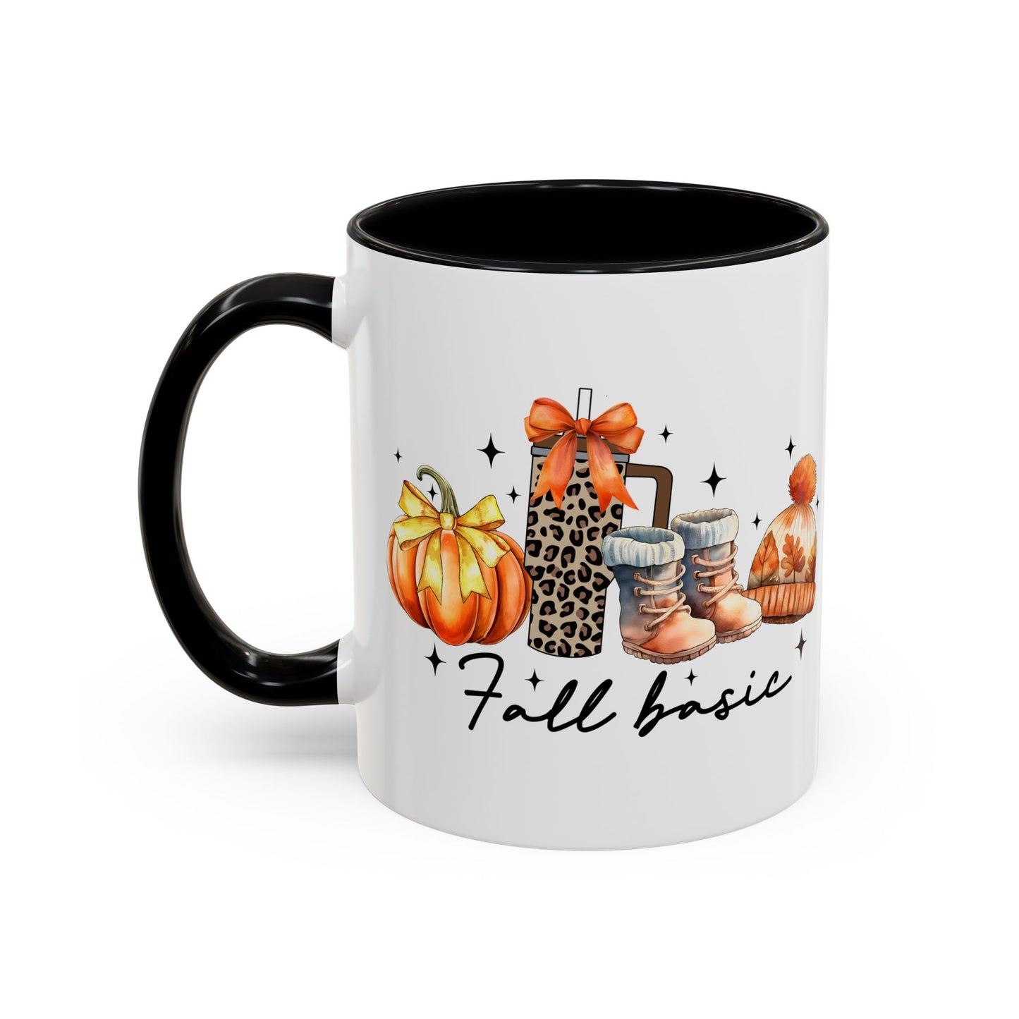 Fall Basic Autumn Mug | 11oz/15oz Ceramic Coffee Cup | Cozy Fall Essentials Design | Pink, Red, Black, Light Blue, or Navy Handle & Interior