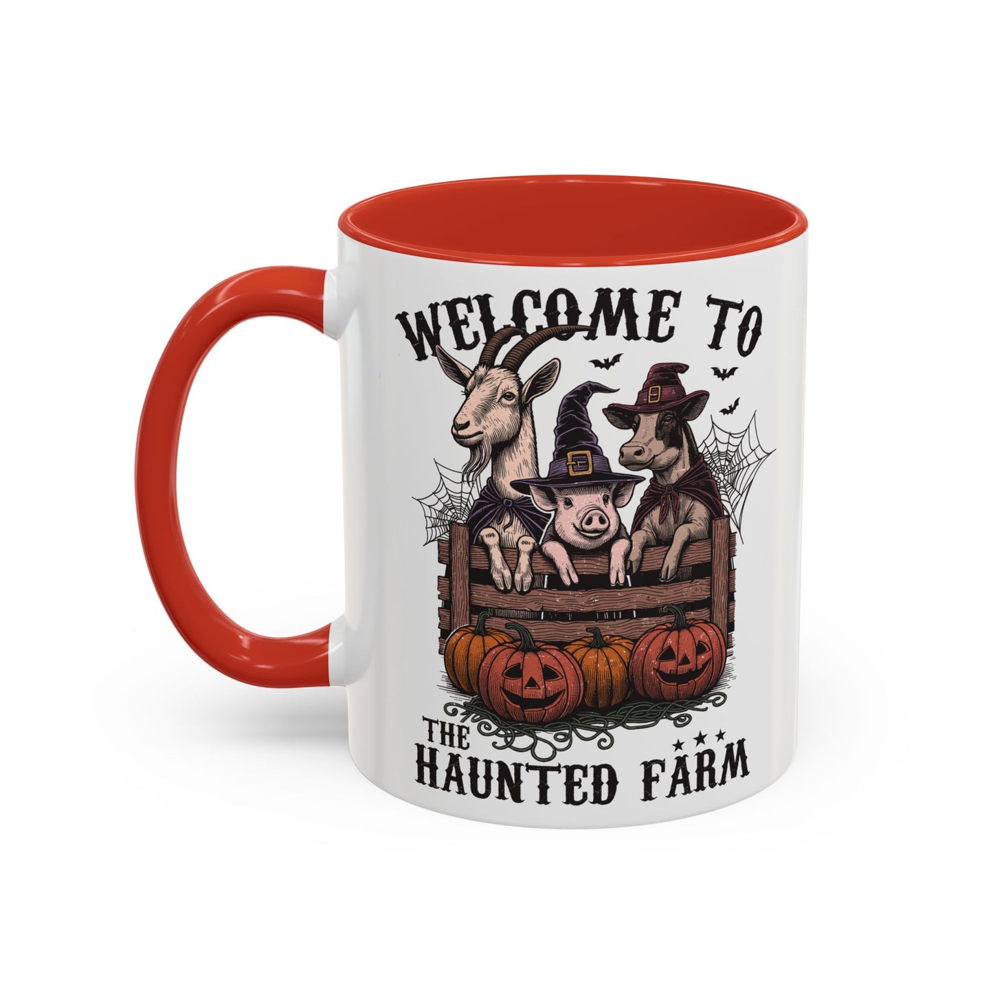 Welcome to the Haunted Farm Mug | Spooky Farm Animal Halloween Cup | Goat, Pig, and Cow in Witch Hats