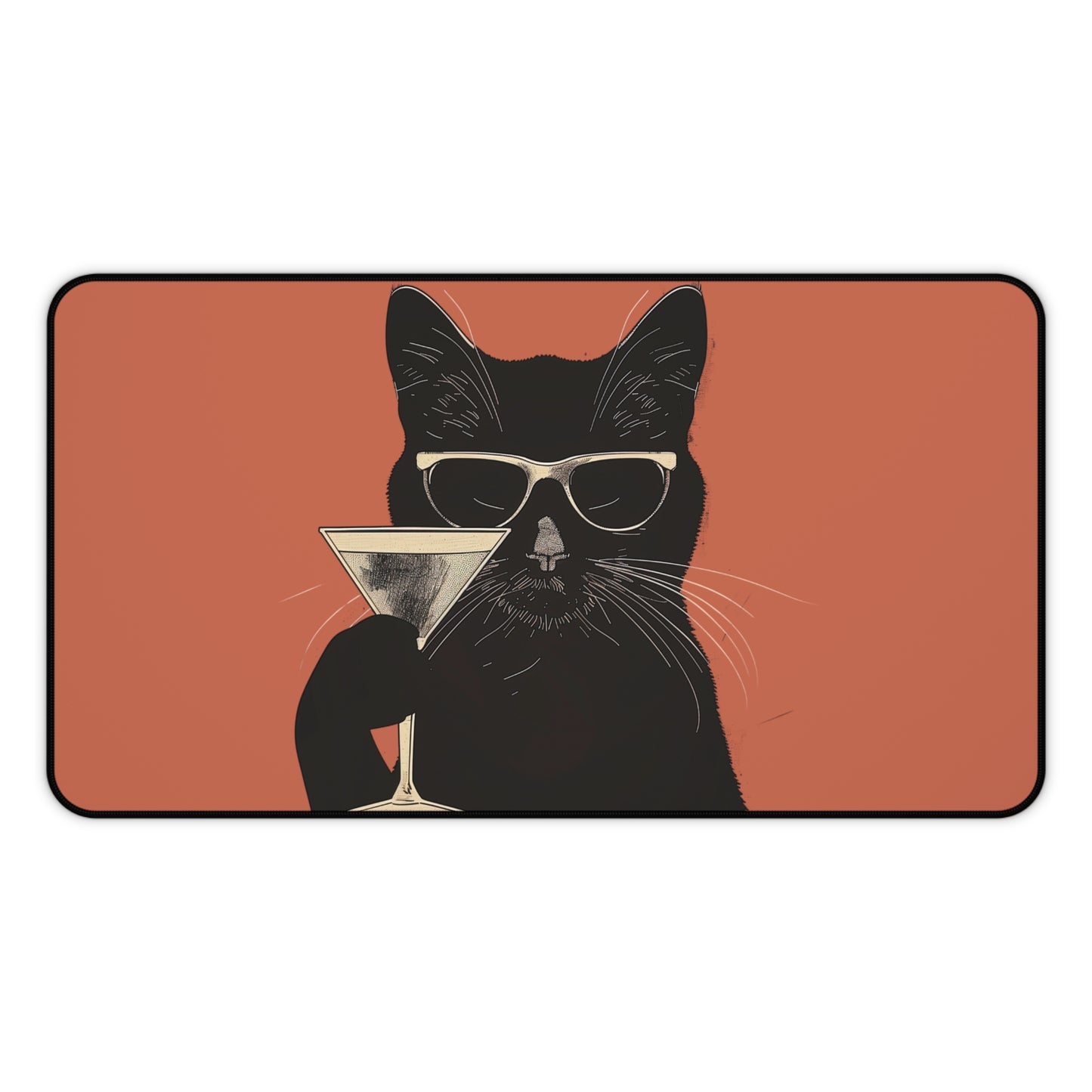 Cool Cat Desk Mat | Retro Black Cat with Martini | Fun Office Decor | Neoprene | Anti-Slip | 3 Sizes