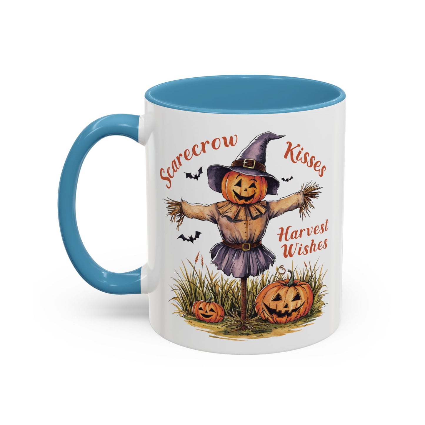 Scarecrow Kisses and Harvest Wishes Mug | Fall Scarecrow and Pumpkin Design | Perfect Autumn Coffee Mug for Cozy Mornings