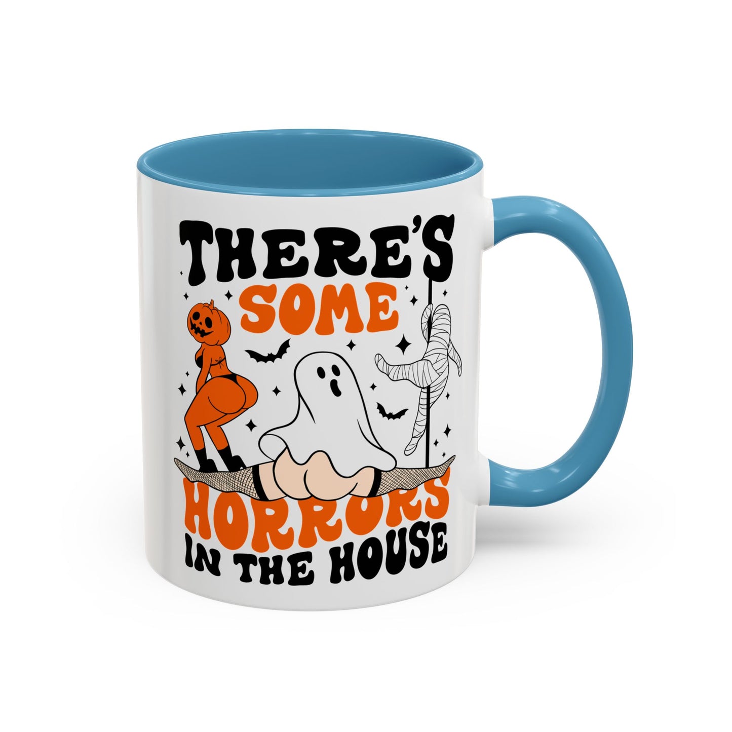 Theres Some Horrors in This House Funny Halloween Mug | 11oz and 15oz Ceramic Coffee Cup | Ghost and Pumpkin Design