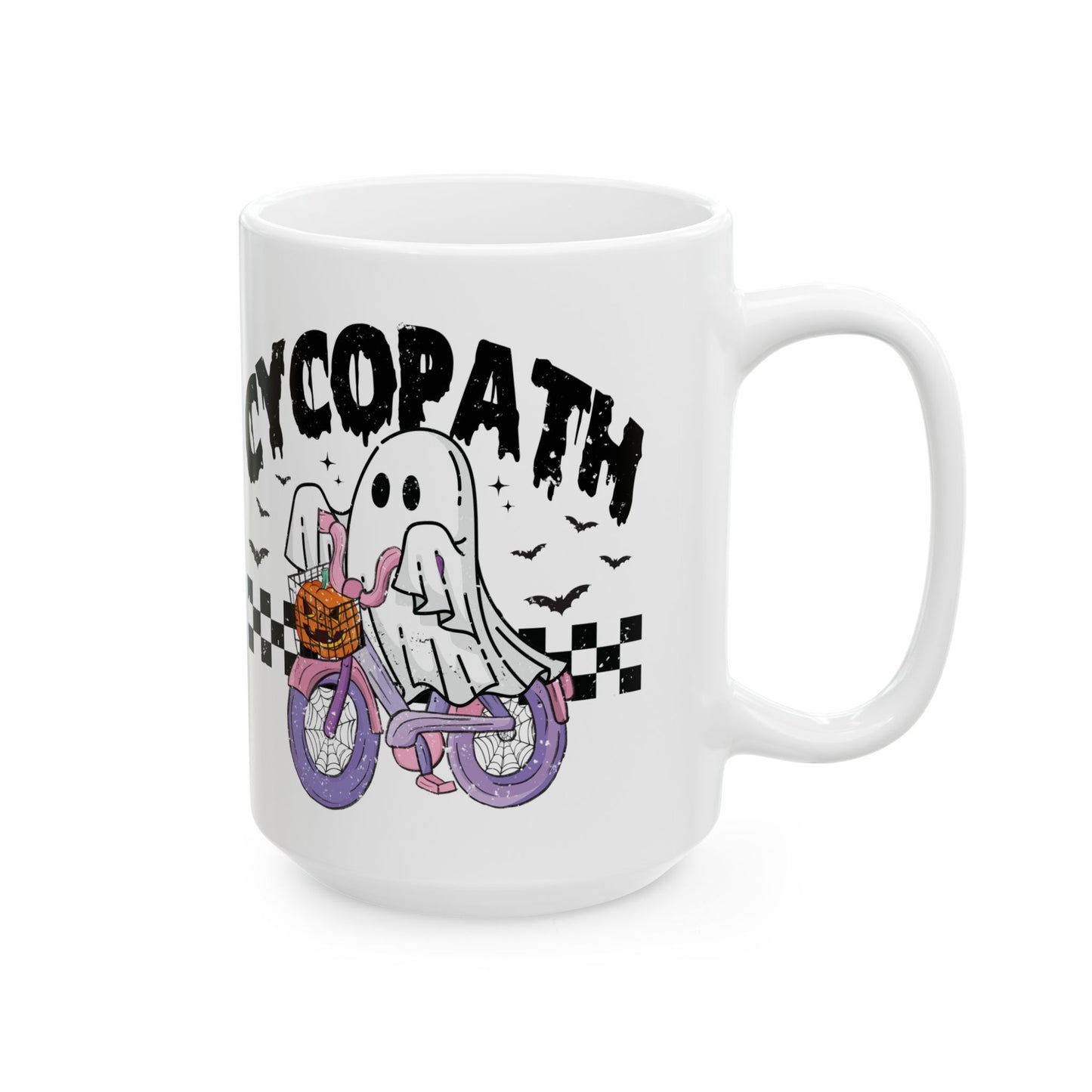 Cycopath Ghost Halloween Mug - White Ceramic Coffee Cup with Funny Ghost Biker Design - Perfect Spooky Gift - 11oz & 15oz