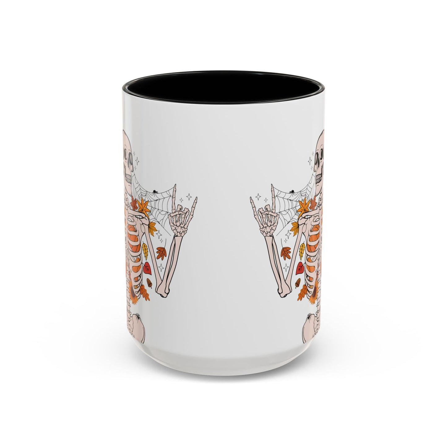 Spooky Skeleton Halloween Mug | 11oz and 15oz Ceramic Coffee Cup | Fall Leaves & Bats Design