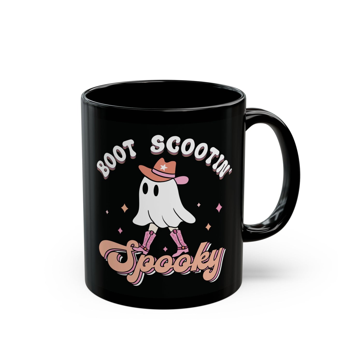 Boot Scootin Spooky Mug - Black Ceramic Coffee Cup with Cute Ghost Design - Fun Halloween Gift - 11oz & 15oz