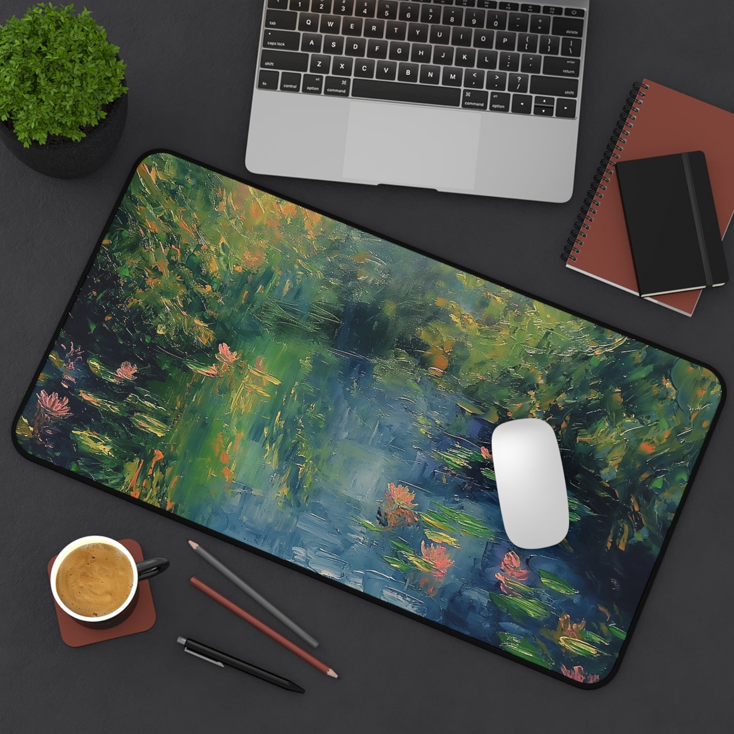 Water Lily Pond Computer Desk Mat | Tranquil Nature Mouse Pad | Anti-Slip Neoprene Desk Mat for Home Office | 3 Sizes Available