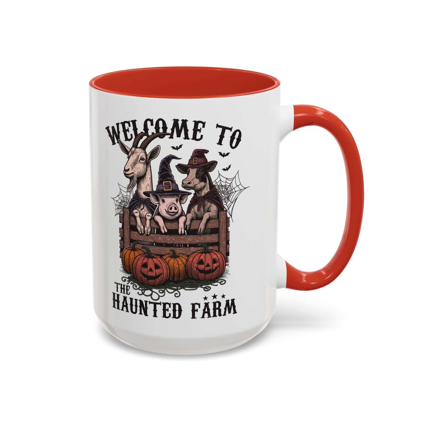 Welcome to the Haunted Farm Mug | Spooky Farm Animal Halloween Cup | Goat, Pig, and Cow in Witch Hats