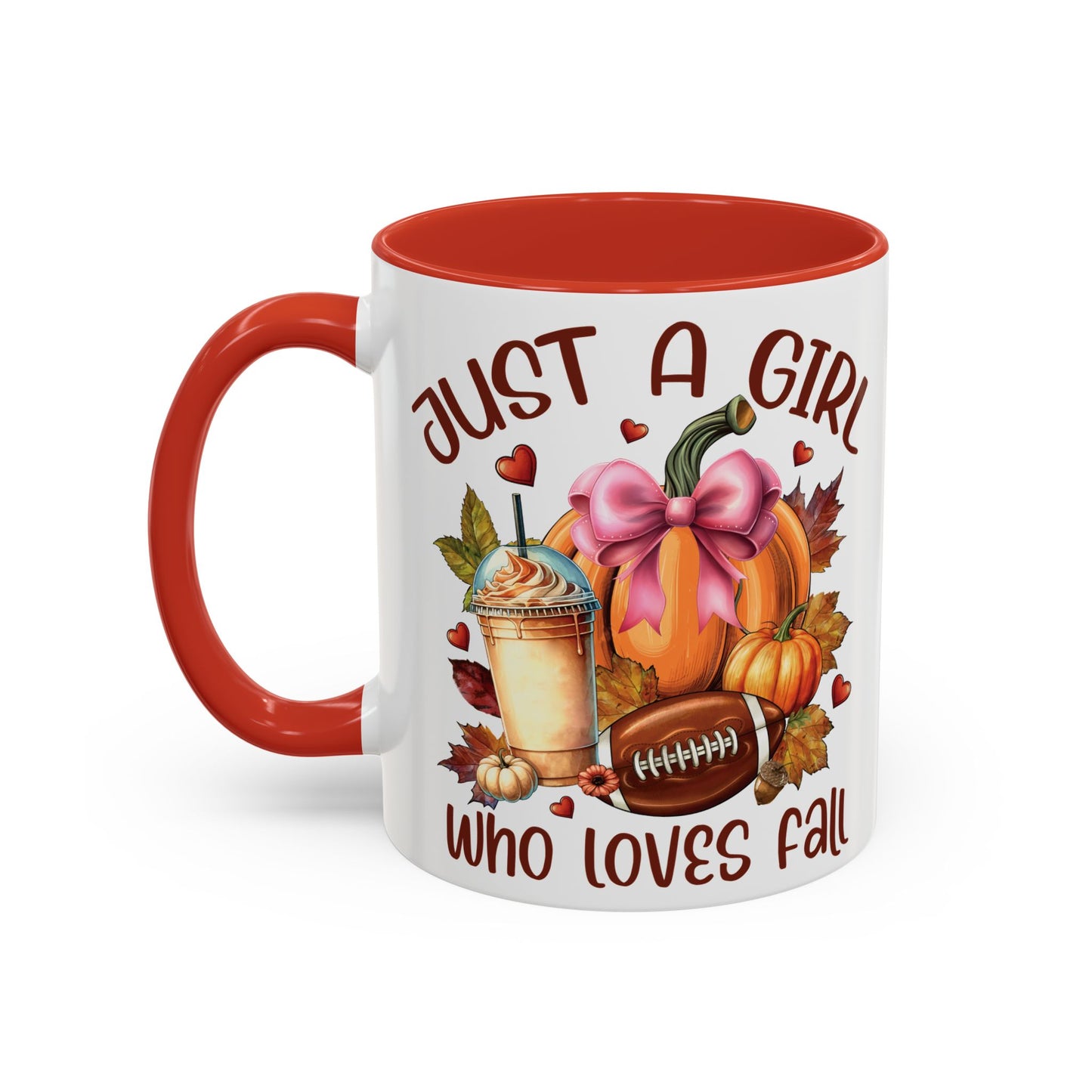 Just a Girl Who Loves Fall Mug | 11oz and 15oz Ceramic Coffee Cup | Autumn, Pumpkin, and Football Design