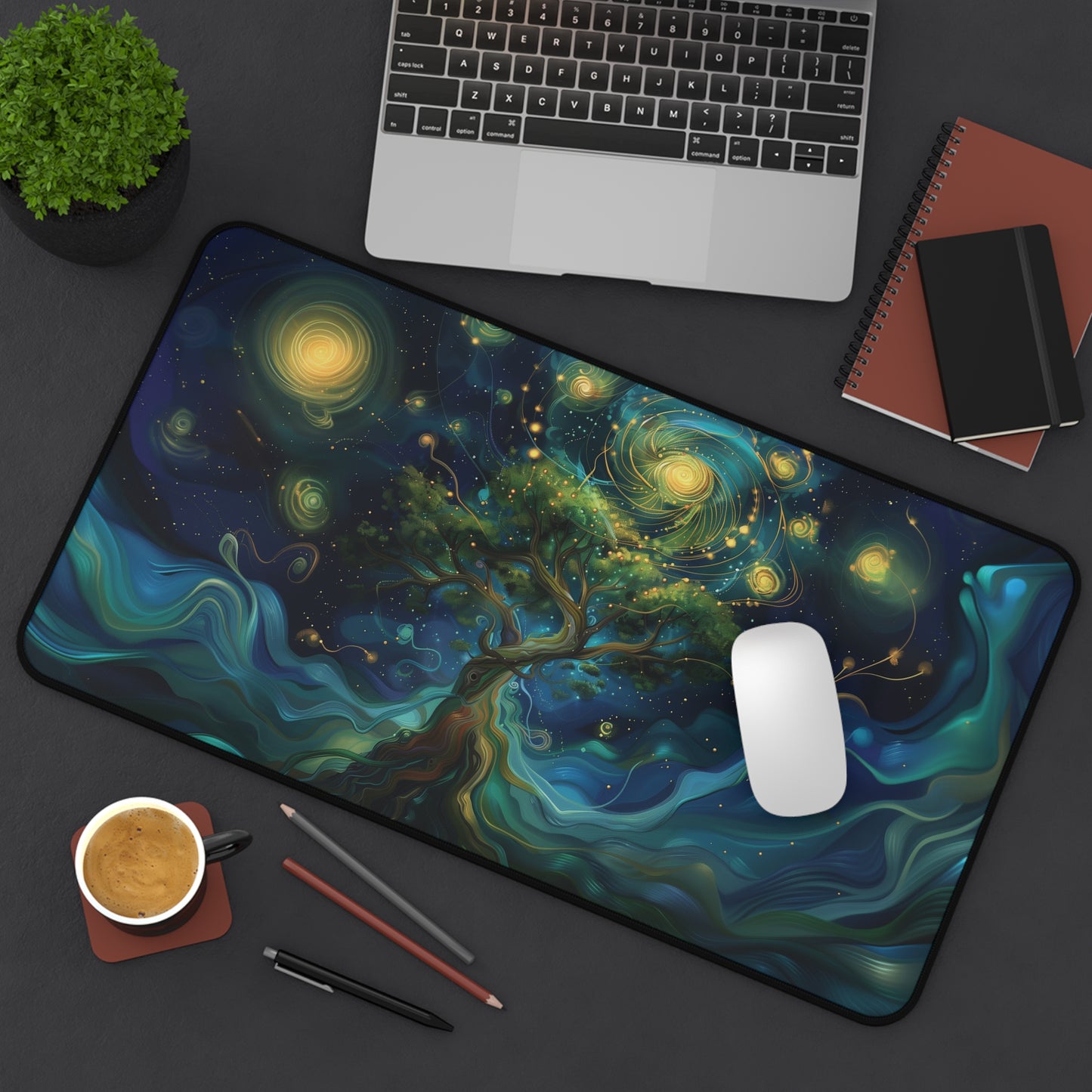 Mystical Tree Desk Mat | Enchanted Night Sky Design | Neoprene | Anti-Slip | 3 Sizes | Office Decor