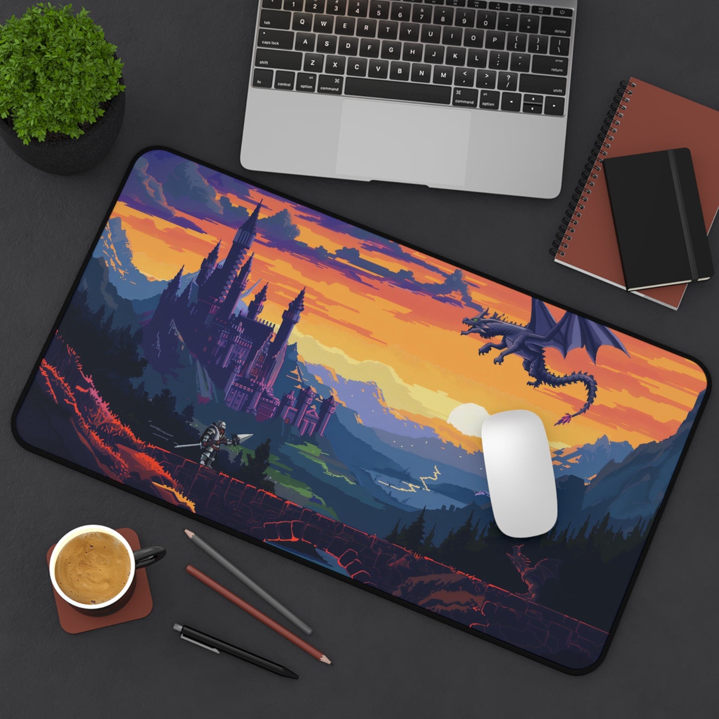 Epic Fantasy Realm Computer Desk Mat | Dragon and Castle Mouse Pad | Anti-Slip Neoprene Desk Mat for Home Office | 3 Sizes Available