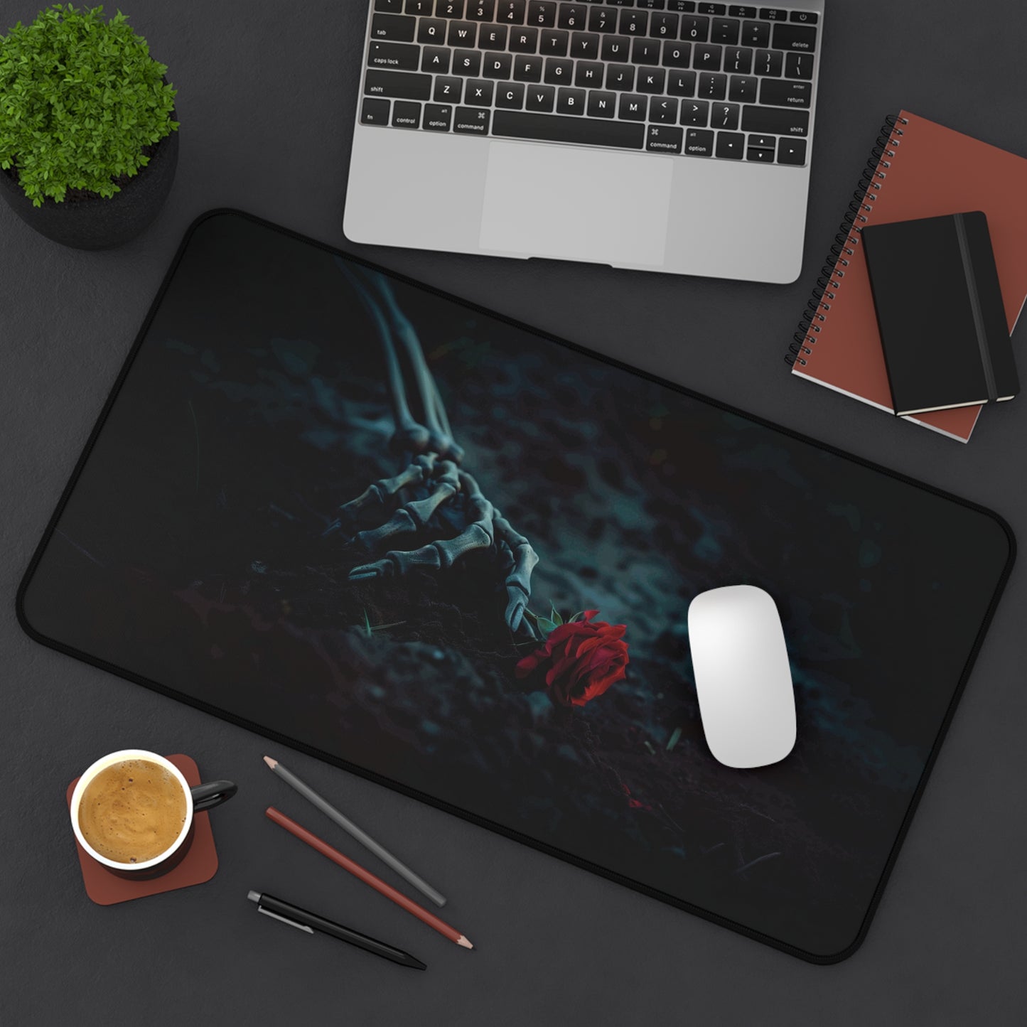 Gothic Skeleton Hand with Red Rose Desk Mat - Neoprene Anti-Slip Mouse Pad Game Table - Dark Aesthetic Office Decor - Available in 3 Sizes