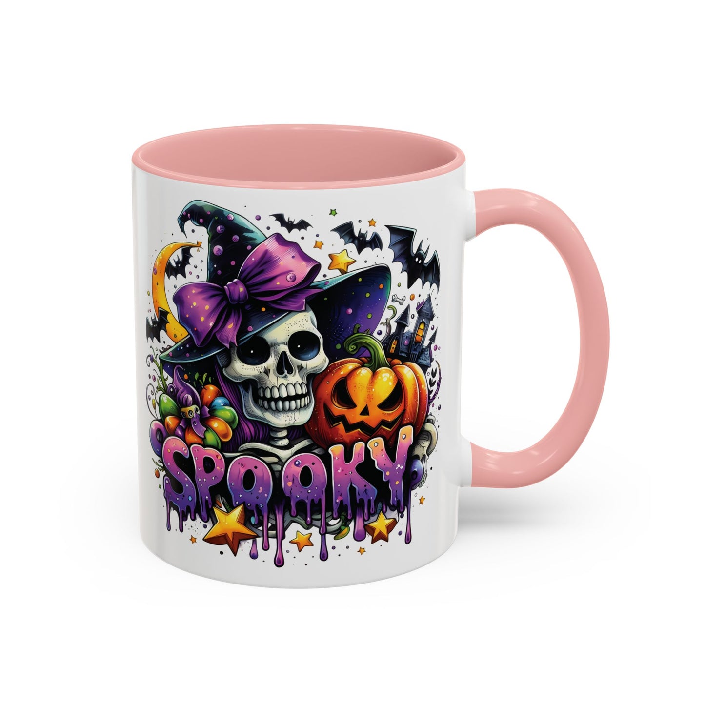 Spooky Halloween Skull Mug | Colorful Witch Hat and Pumpkin Design | 11oz and 15oz Ceramic Coffee Cup