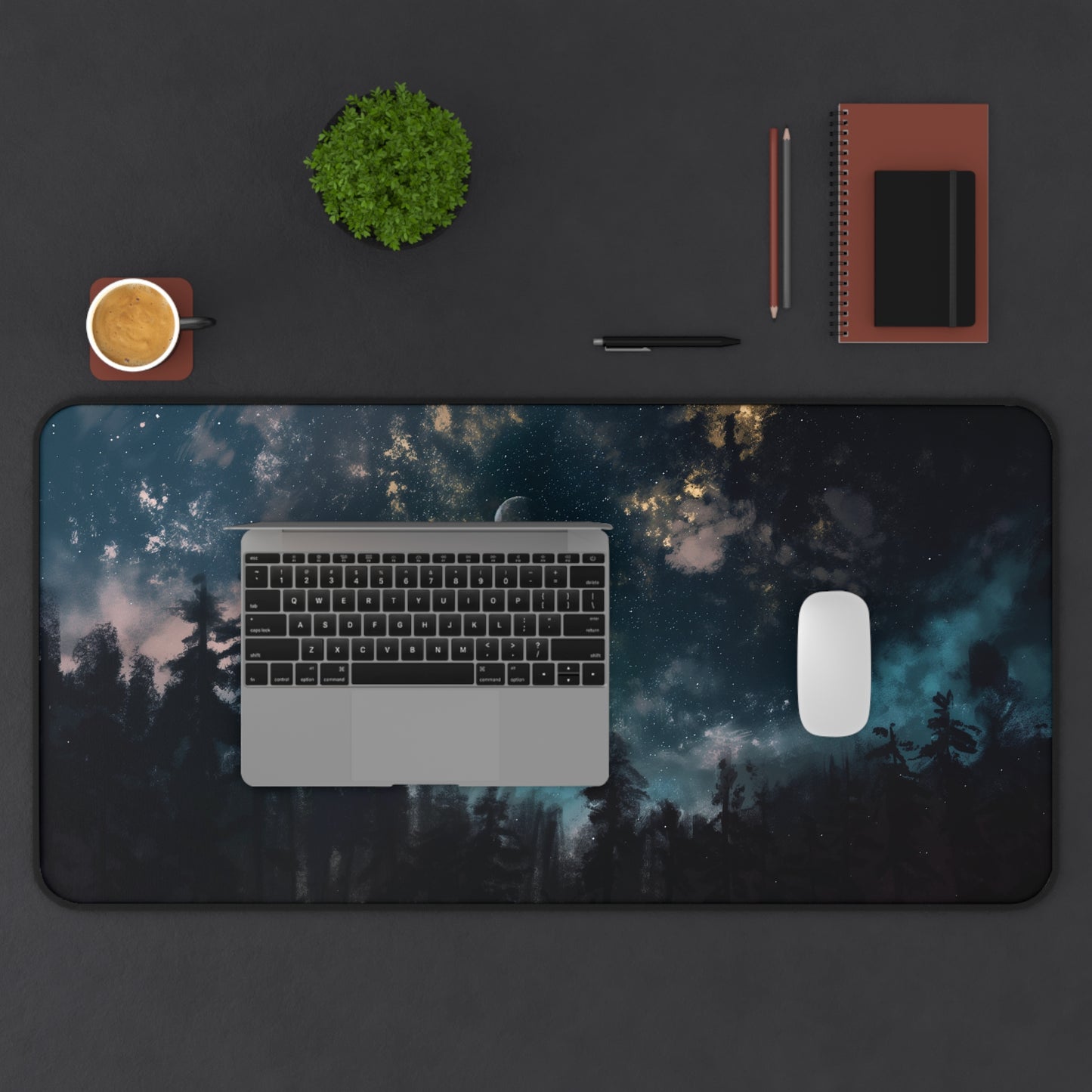 Starry Night Forest Desk Mat | Celestial Anti-Slip | 3 Sizes | Office Decor