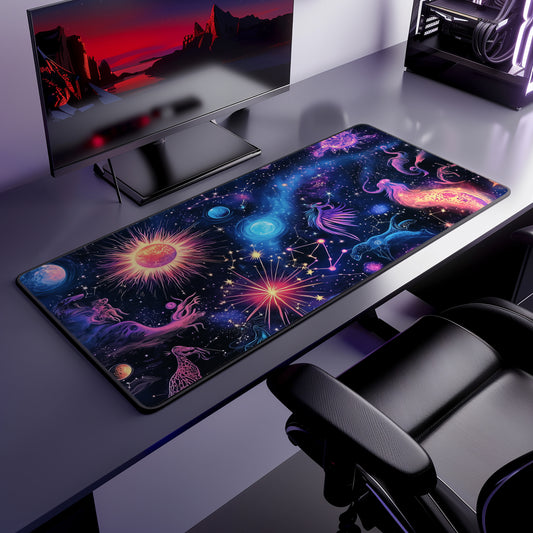 Zodiac Galaxy Desk Mat | Neoprene | Anti-Slip | Vibrant Constellation & Cosmic Design | Office Gaming Decor | 3 Sizes