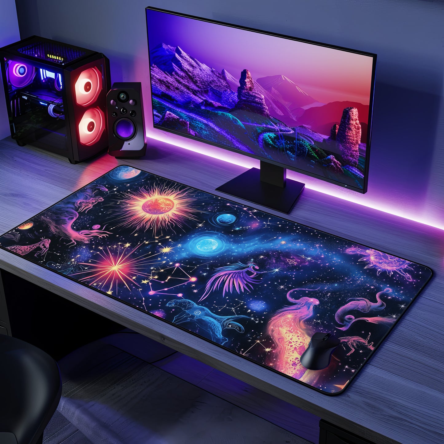 Zodiac Galaxy Desk Mat | Neoprene | Anti-Slip | Vibrant Constellation & Cosmic Design | Office Gaming Decor | 3 Sizes