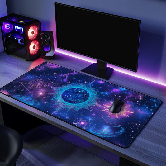 Mystic Sun & Moon Desk Mat | Neoprene | Anti-Slip | Vibrant Celestial Galaxy Design | Office Gaming Decor | 3 Sizes