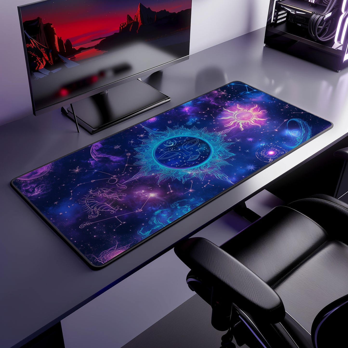 Mystic Sun & Moon Desk Mat | Neoprene | Anti-Slip | Vibrant Celestial Galaxy Design | Office Gaming Decor | 3 Sizes