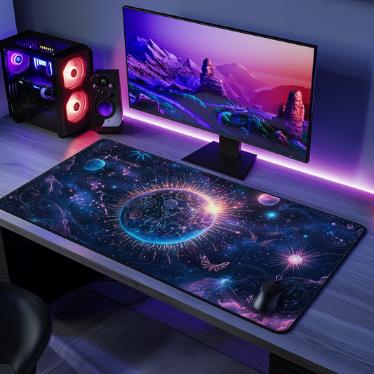 Cosmic Earth Desk Mat | Neoprene | Anti-Slip | Vibrant Galaxy & Constellation Design | Office Gaming Decor | 3 Sizes