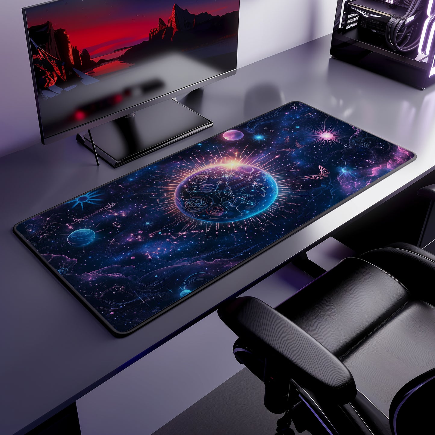 Cosmic Earth Desk Mat | Neoprene | Anti-Slip | Vibrant Galaxy & Constellation Design | Office Gaming Decor | 3 Sizes