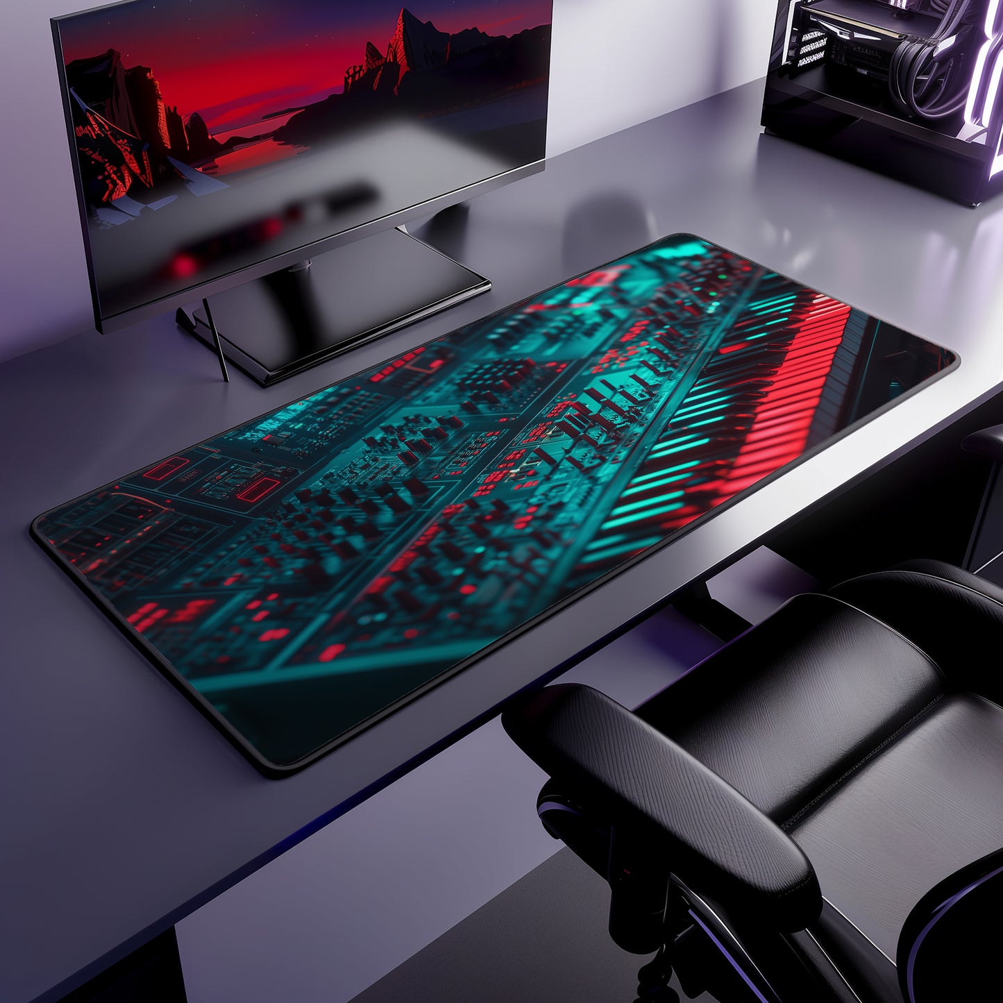 Retro Synth Desk Mat | Neoprene | Anti-Slip | Futuristic Synthesizer Glow Design | Office & Gaming Decor | 3 Sizes