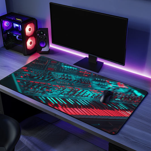 Retro Synth Desk Mat | Neoprene | Anti-Slip | Futuristic Synthesizer Glow Design | Office & Gaming Decor | 3 Sizes