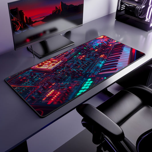 Synthwave Desk Mat | Neoprene | Anti-Slip | Retro Synthesizer Glow Design | Office & Gaming Decor | 3 Sizes