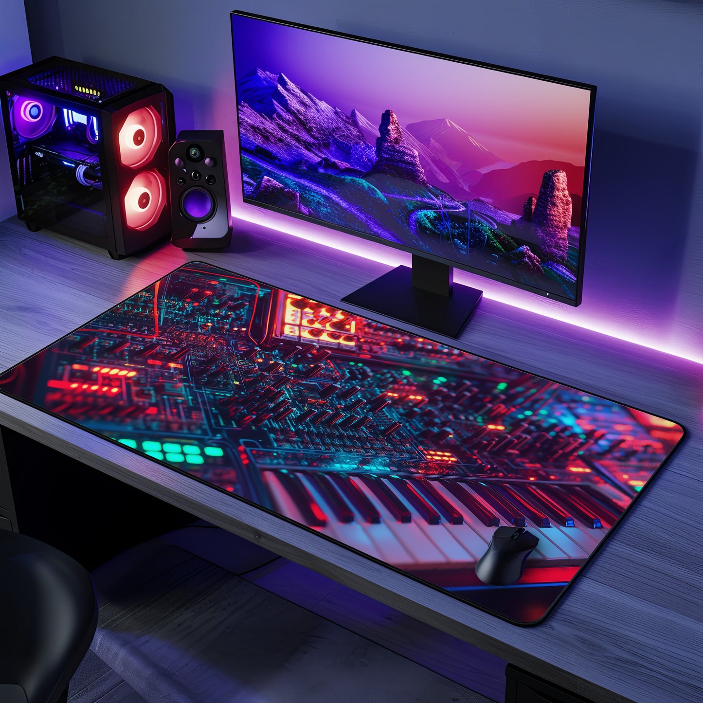 Synthwave Desk Mat | Neoprene | Anti-Slip | Retro Synthesizer Glow Design | Office & Gaming Decor | 3 Sizes