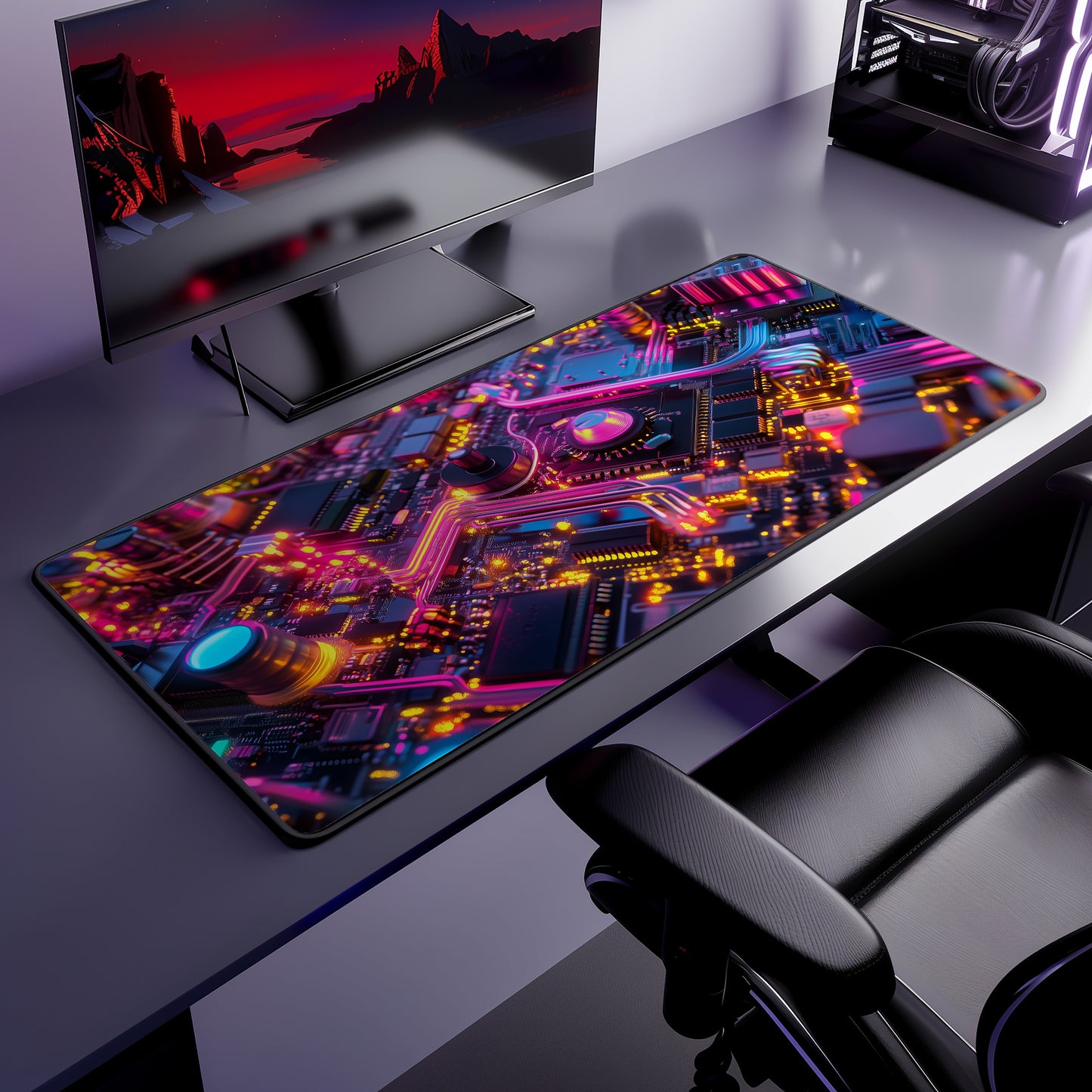 Neon Pulse Circuit Desk Mat | Neoprene | Anti-Slip | Futuristic Glow Tech Design | Office & Gaming Decor | 3 Sizes