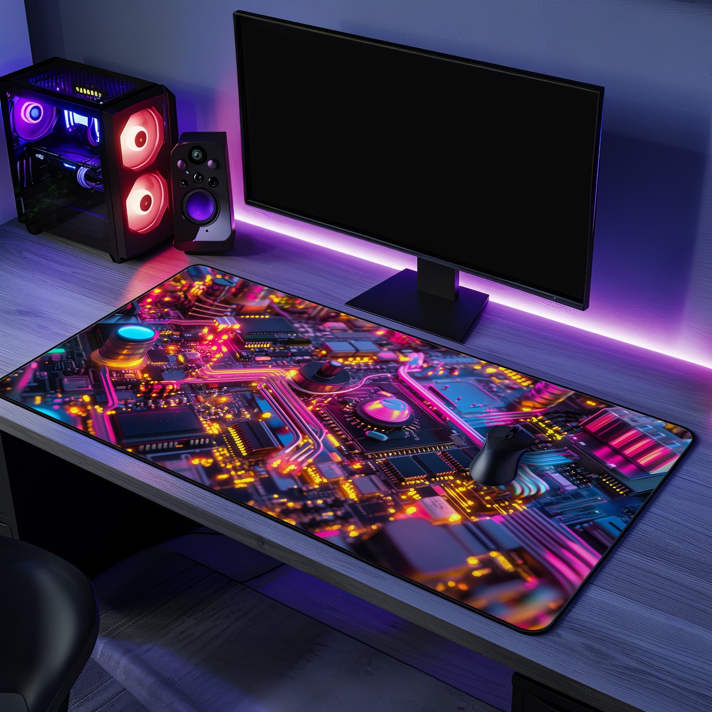 Neon Pulse Circuit Desk Mat | Neoprene | Anti-Slip | Futuristic Glow Tech Design | Office & Gaming Decor | 3 Sizes