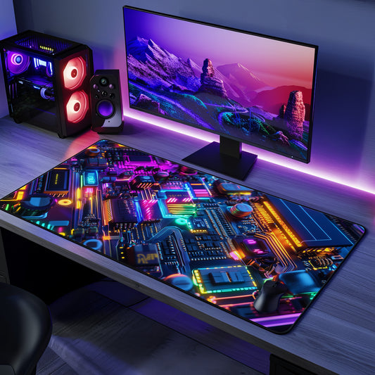 Hyper Neon Circuit Desk Mat | Neoprene | Anti-Slip | Futuristic Tech Design | Office & Gaming Decor | 3 Sizes