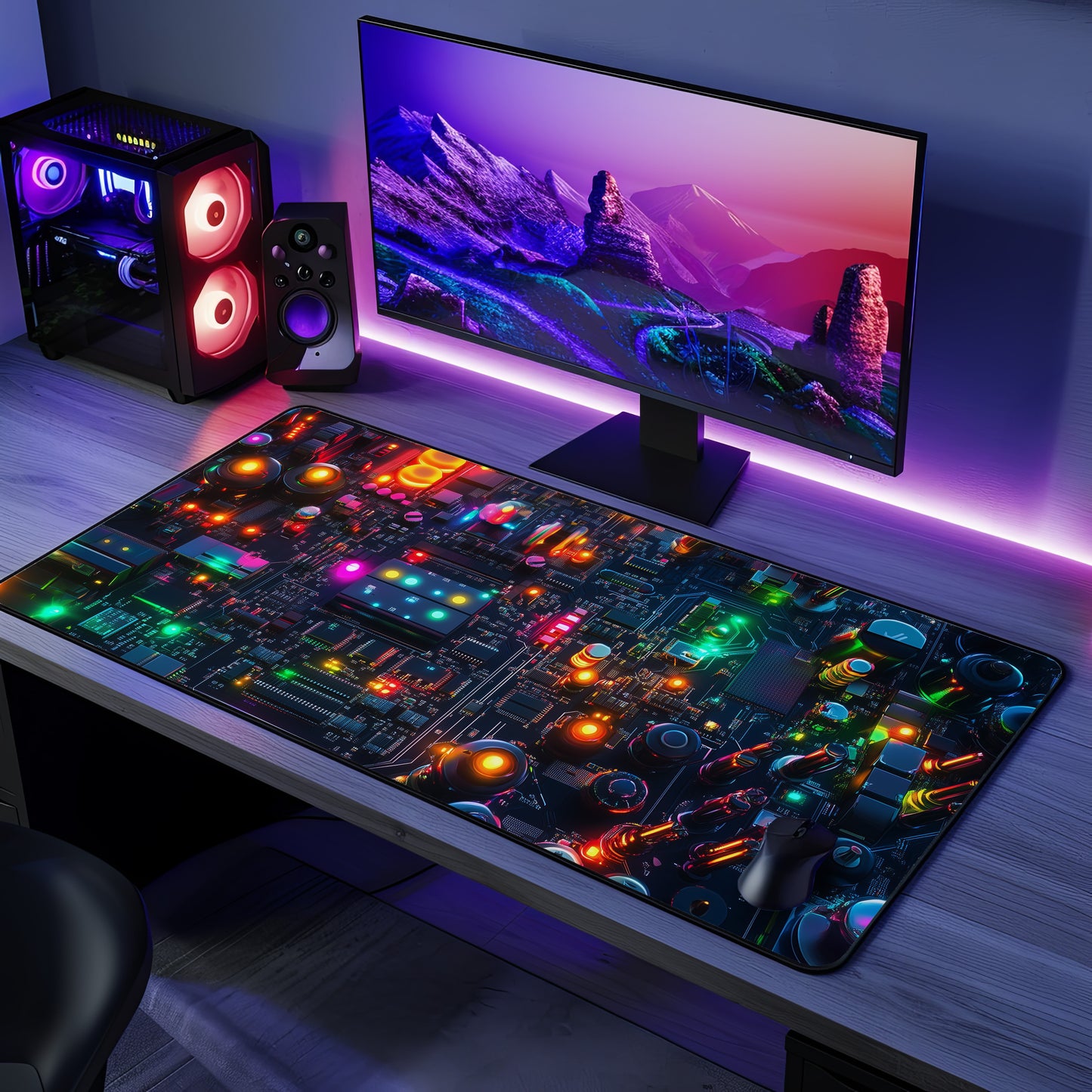 Neon Circuit Glow Desk Mat | Neoprene | Anti-Slip | Vibrant Tech Circuit Board Design | Office & Gaming Decor | 3 Sizes