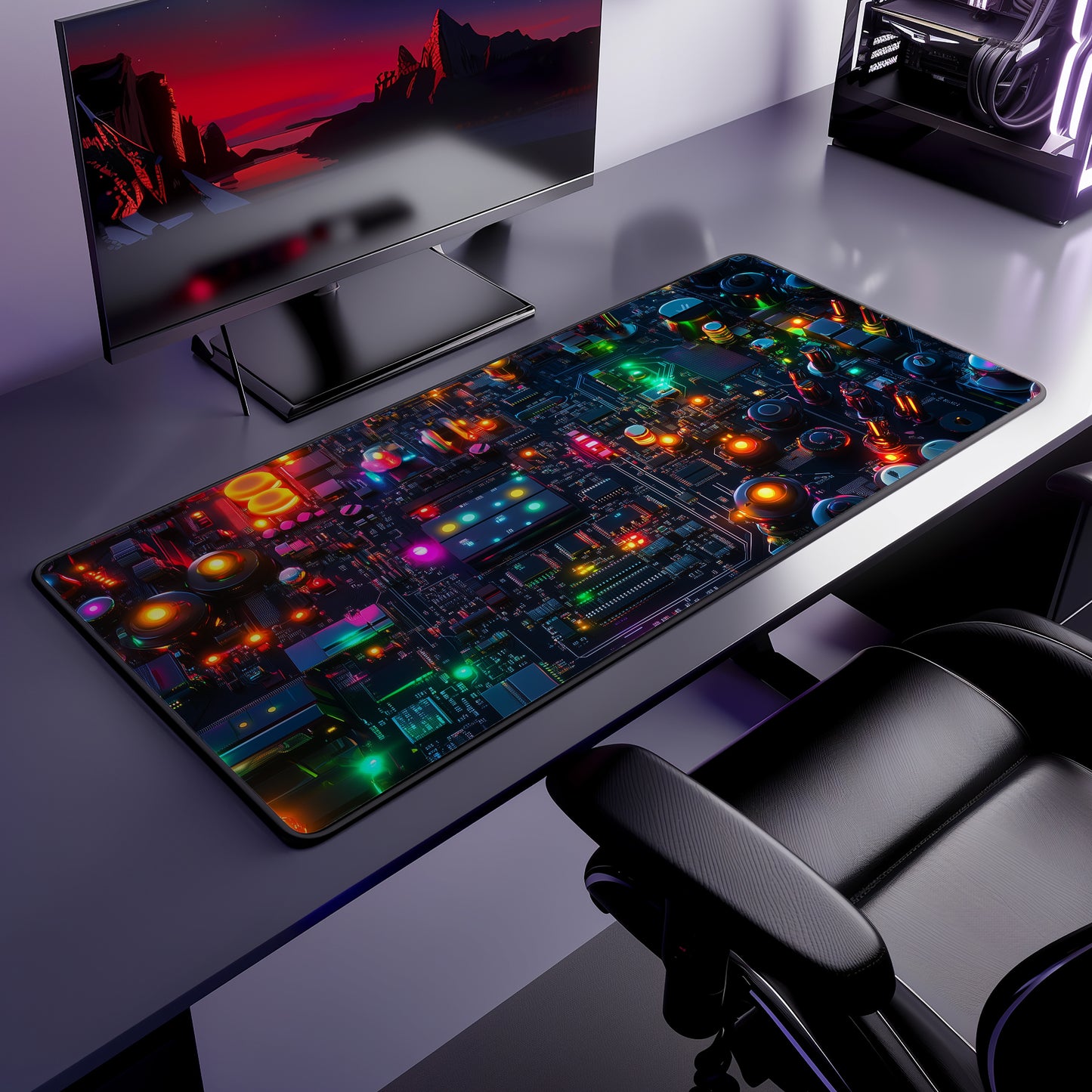 Neon Circuit Glow Desk Mat | Neoprene | Anti-Slip | Vibrant Tech Circuit Board Design | Office & Gaming Decor | 3 Sizes