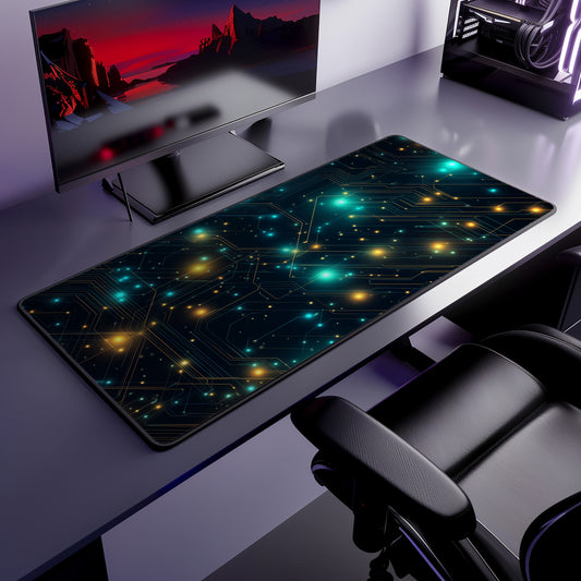 Neon Circuit Path Desk Mat | Neoprene | Anti-Slip | Futuristic Tech Design | Office Gaming Decor | 3 Sizes