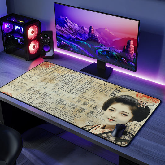 Vintage Japanese Geisha Desk Mat | Neoprene Anti-Slip Writing Surface with Elegant Calligraphy