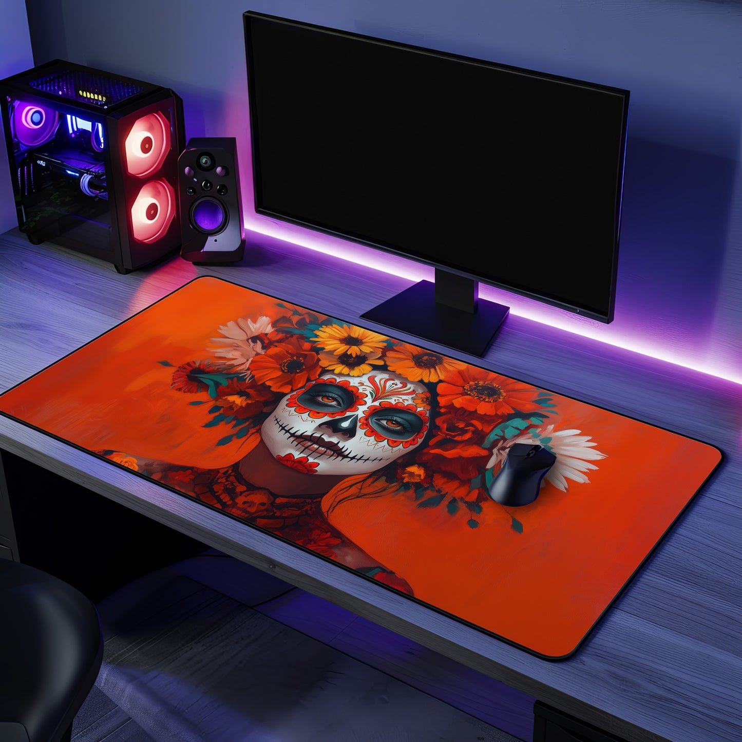 Day of the Dead Floral Skull Desk Mat | Vibrant Día de los Muertos Art | Neoprene Office Decor