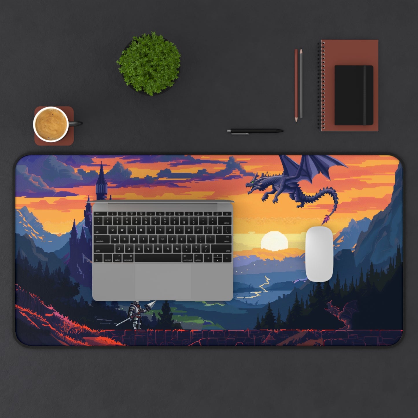 Epic Fantasy Realm Computer Desk Mat | Dragon and Castle Mouse Pad | Anti-Slip Neoprene Desk Mat for Home Office | 3 Sizes Available