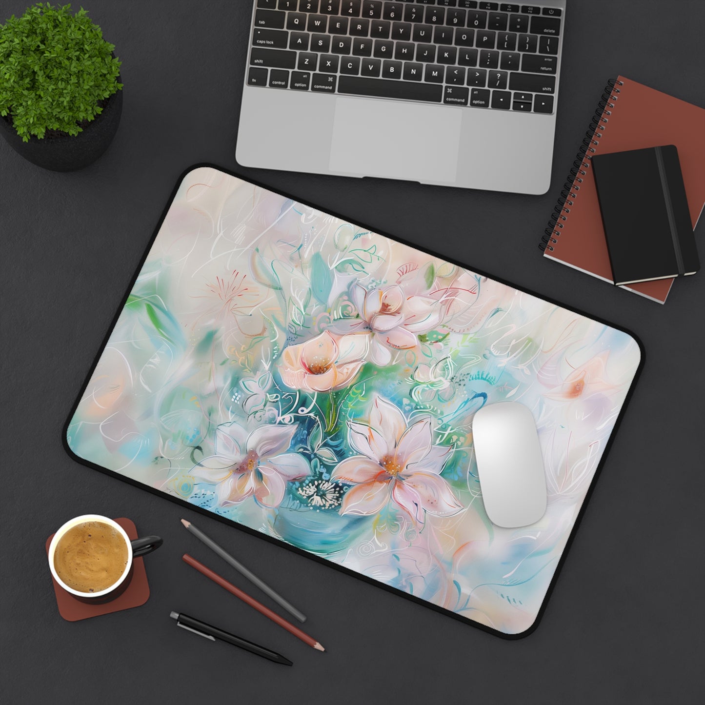 Ethereal Bloom Computer Desk Mat | Pastel Floral Mouse Pad | Anti-Slip Neoprene Desk Mat for Home Office | 3 Sizes Available