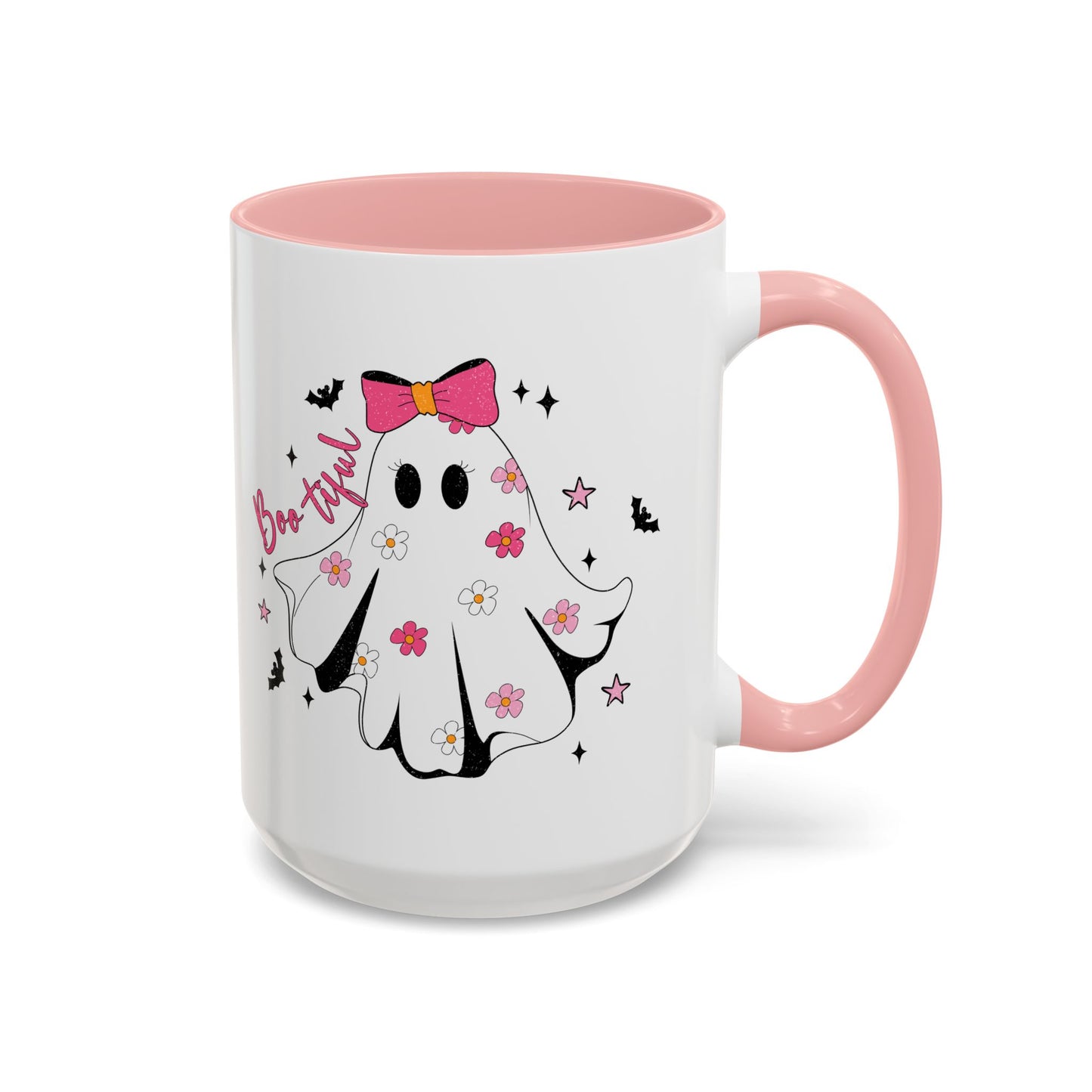 Boo-tiful Halloween Ghost Mug | 11oz and 15oz Coffee Cup | Cute Floral Design | Pink, Red, Black, Light Blue, or Navy Handle and Interior