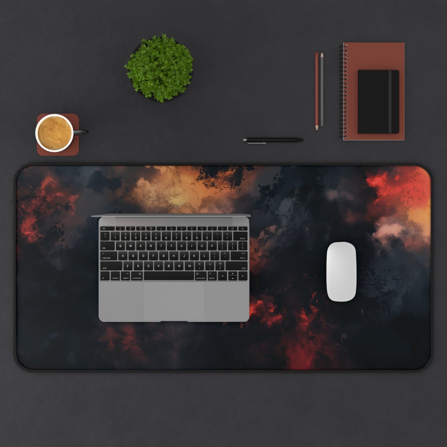 Abstract Firestorm Desk Mat | Dark Red and Black Neoprene | Anti-Slip | 3 Sizes | Office Decor