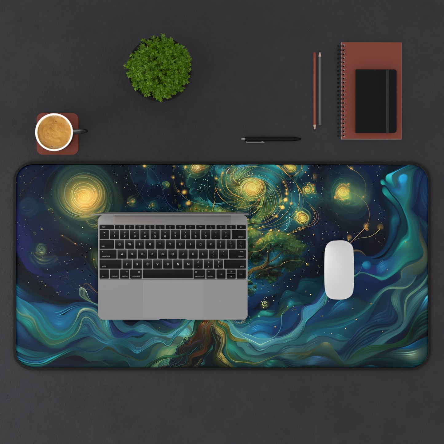 Mystical Tree Desk Mat | Enchanted Night Sky Design | Neoprene | Anti-Slip | 3 Sizes | Office Decor